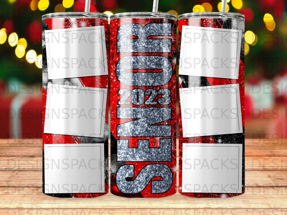 Glittery "SENIOR 2023" tumbler with red and black plaid background.
