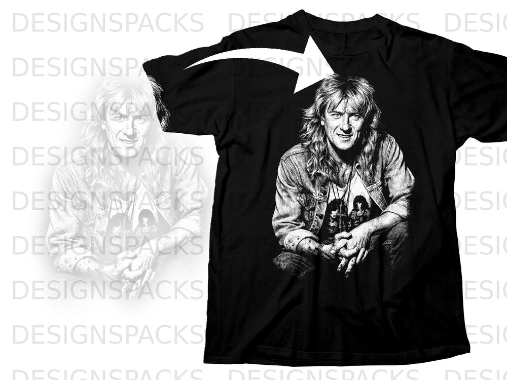 Black t-shirt with a white graphic of a man with long hair, wearing a denim jacket.
