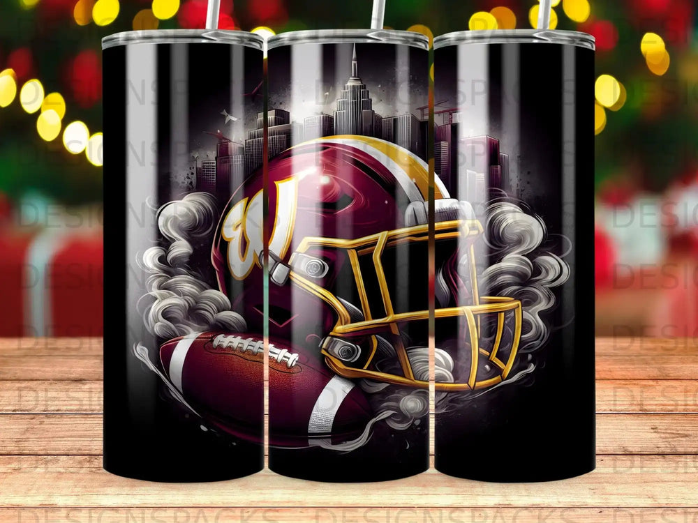 Football helmet and ball with city skyline and smoke.
