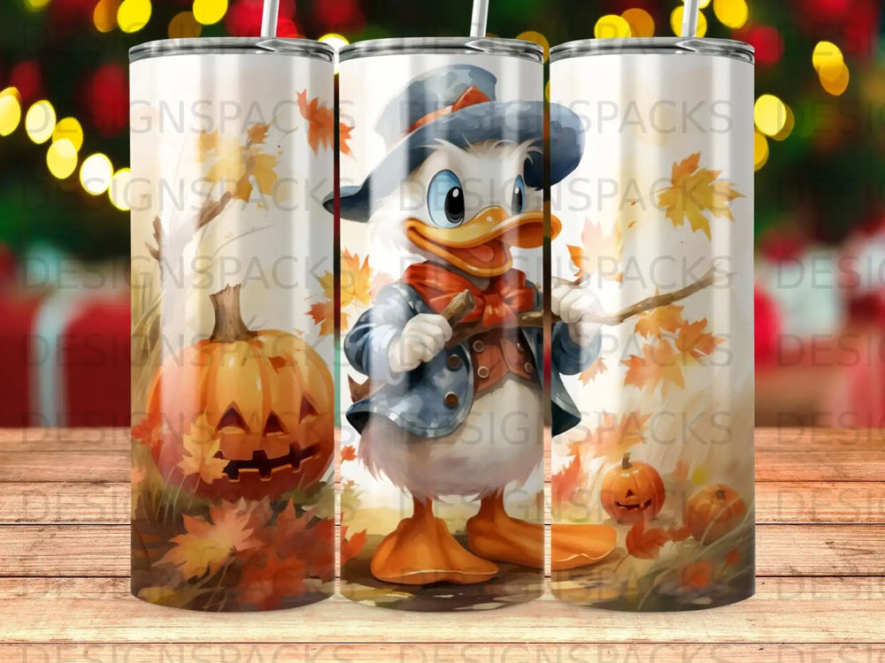 Donald Duck in a hat and coat holding a pumpkin with fall leaves.
