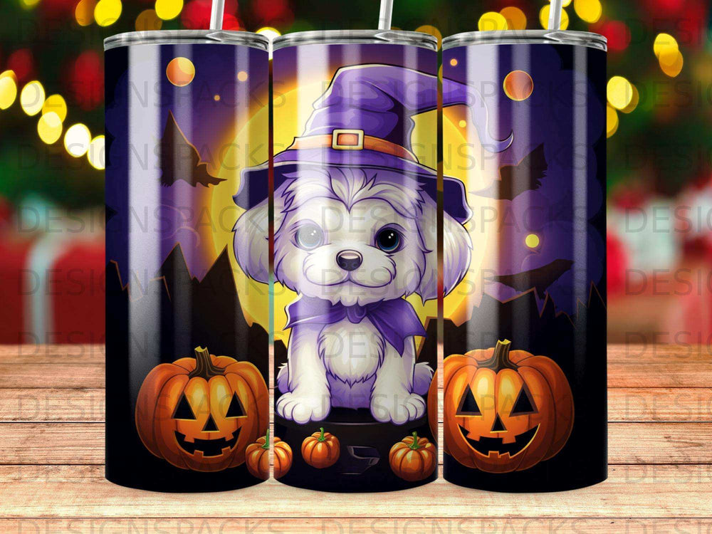Puppy in witch hat with pumpkins, Halloween themed tumbler wrap.