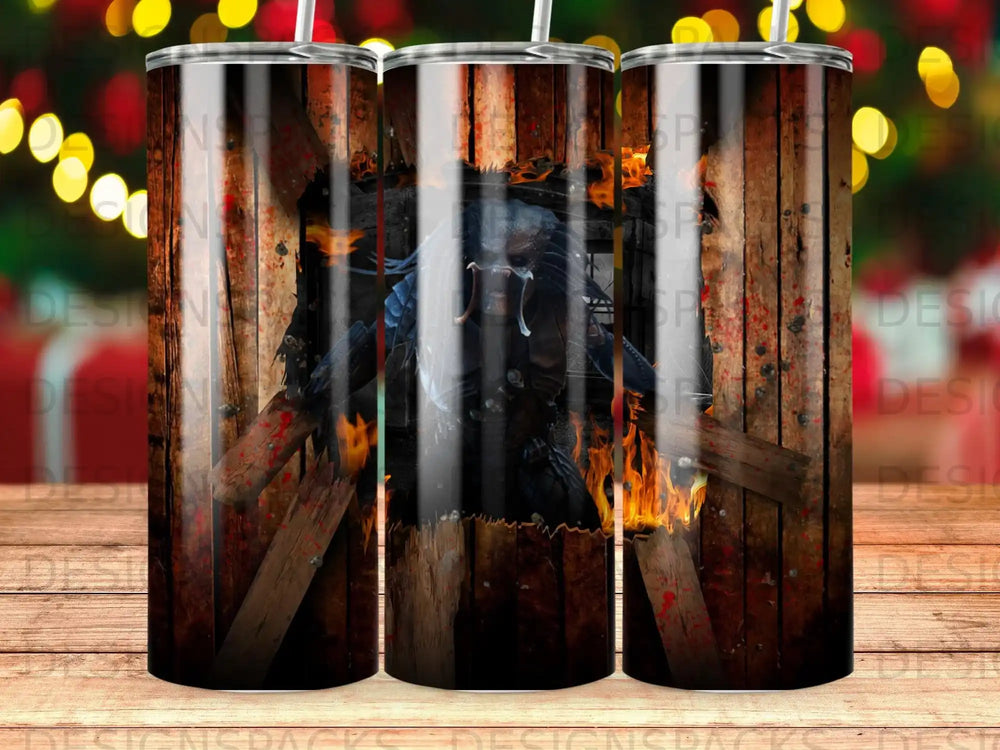 Predator character emerging from burning wooden planks.