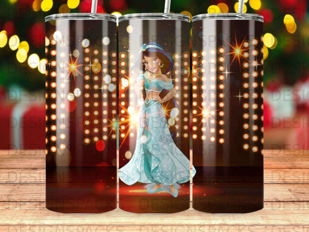 Woman in a blue gown illuminated by spotlights.