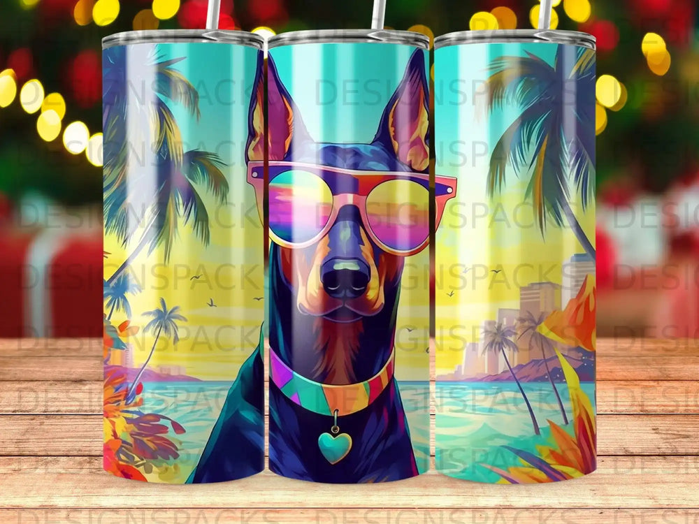 Doberman wearing sunglasses against a tropical sunset background.