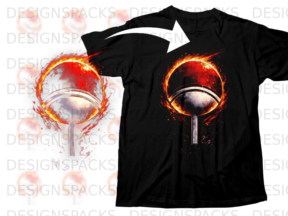 Black t-shirt with a flaming tomoe symbol design from Naruto.