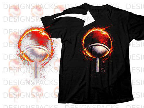Black t-shirt with a flaming tomoe symbol design from Naruto.