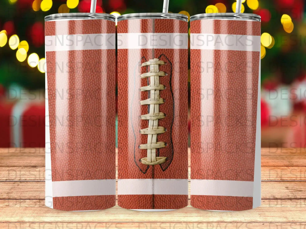 Red and white football textured tumbler with repeating logo pattern.