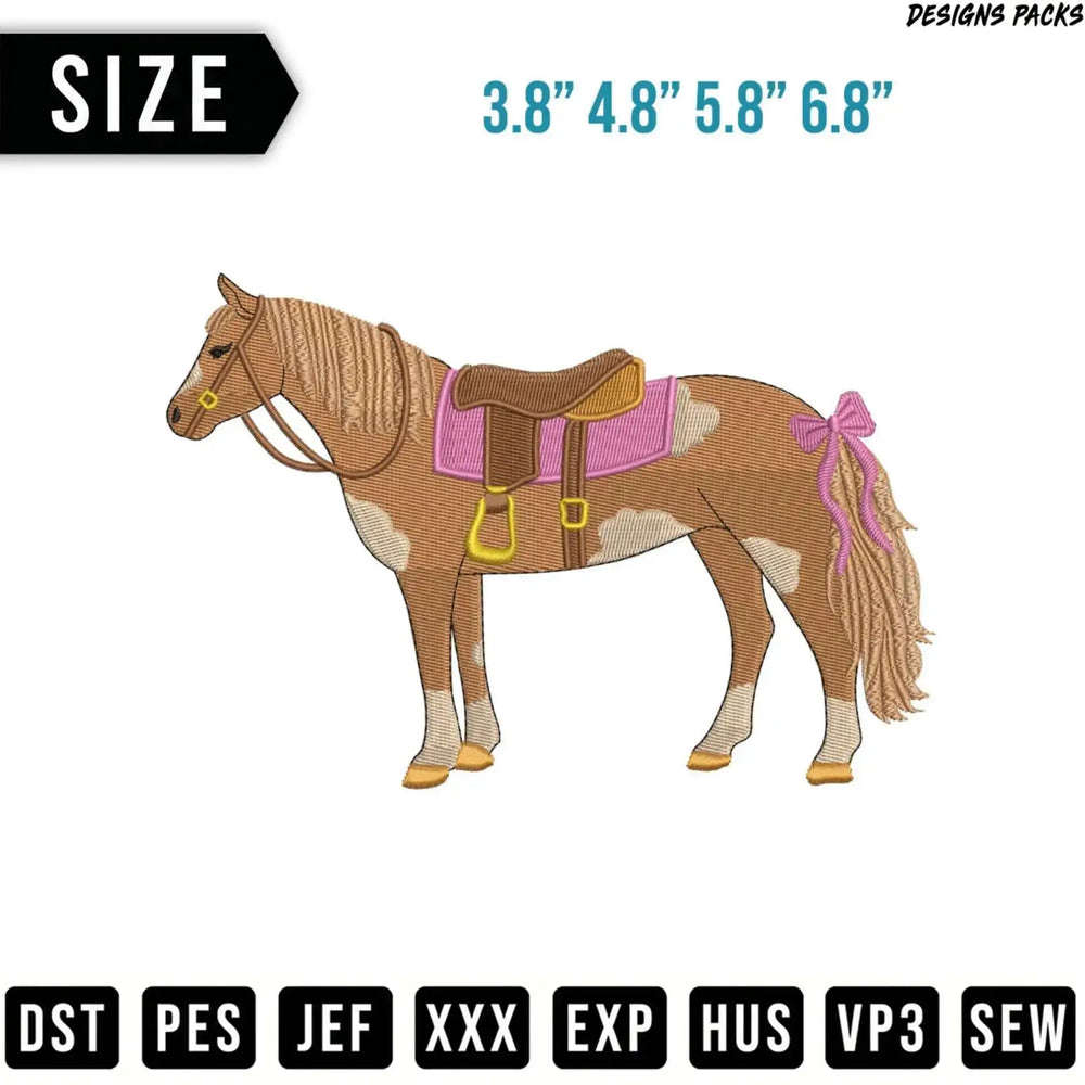 Tan pony with saddle and pink bow, embroidery design sizes listed.