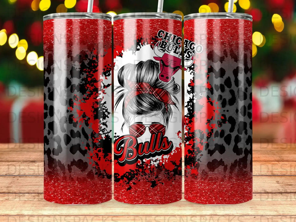 Chicago Bulls tumbler with red leopard print and messy bun graphic.