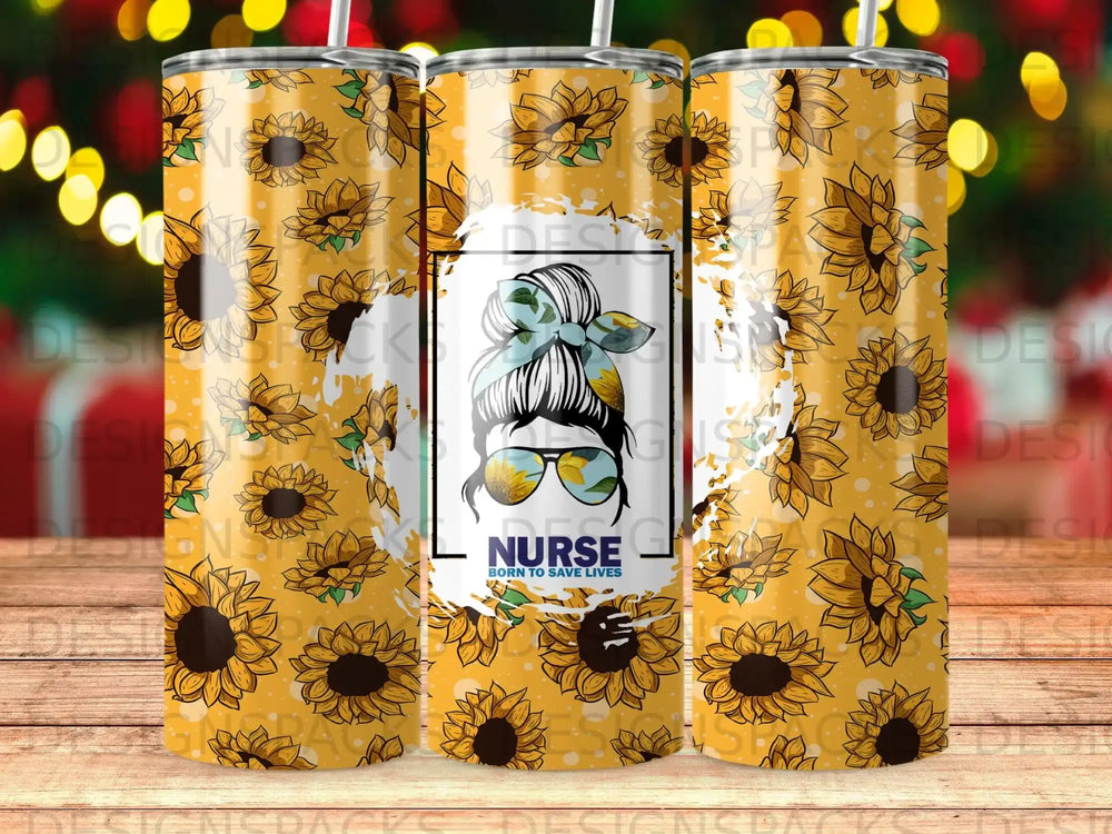 Sunflower pattern tumbler with "Nurse Born to Save Lives" text and sunglasses.