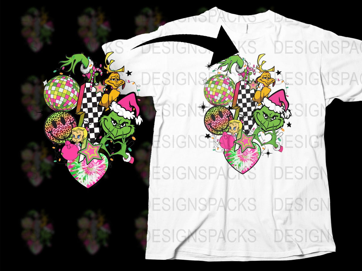 Funky Christmas T-Shirt with Grinch and Ornaments Graphic, Holiday Casual Wear for All Ages, Colorful Festive Design