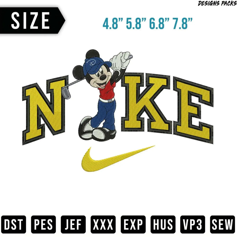 Mickey Mouse golfing in front of the Nike logo and size options.
