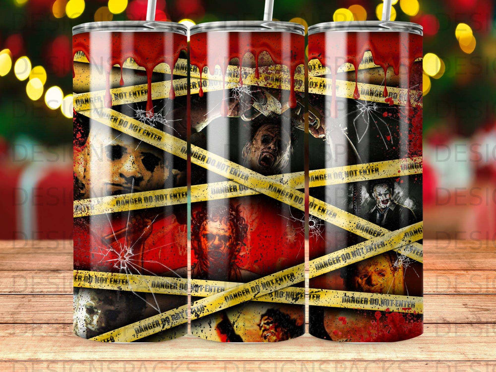Horror movie characters and bloody caution tape on a tumbler.