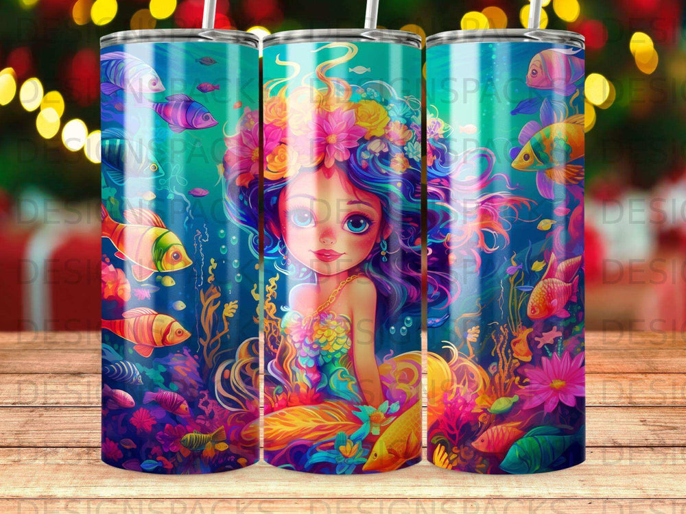 Mermaid with colorful hair and fish surrounded by coral and underwater plants.
