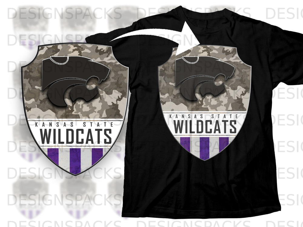 Kansas State Wildcats logo on camouflage shield with purple stripes.