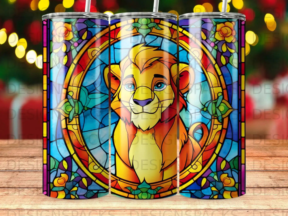 Stained glass portrait of young Simba from The Lion King surrounded by floral border.
