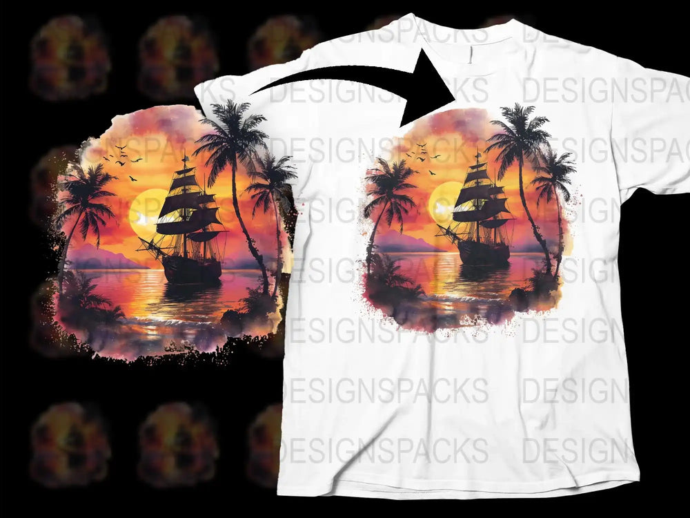 Tropical Sunset Pirate Ship Graphic T-Shirt, Colorful Ocean Beach Scene, Unisex Adult Casual Wear