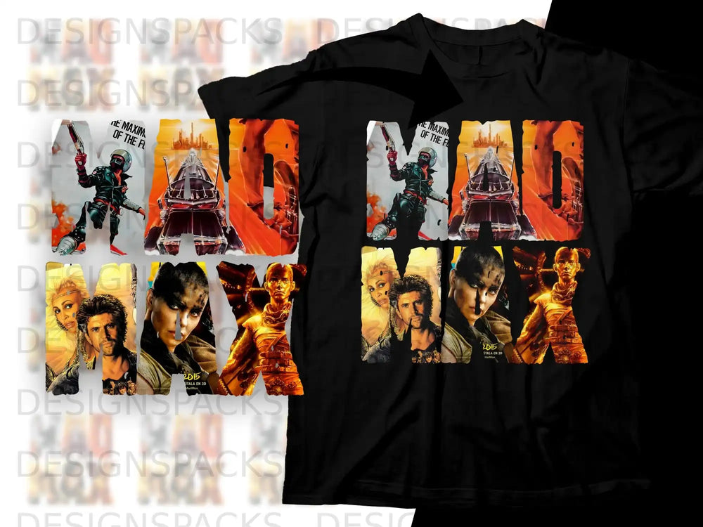 Mad Max movie poster art on two black t-shirts, 2015.