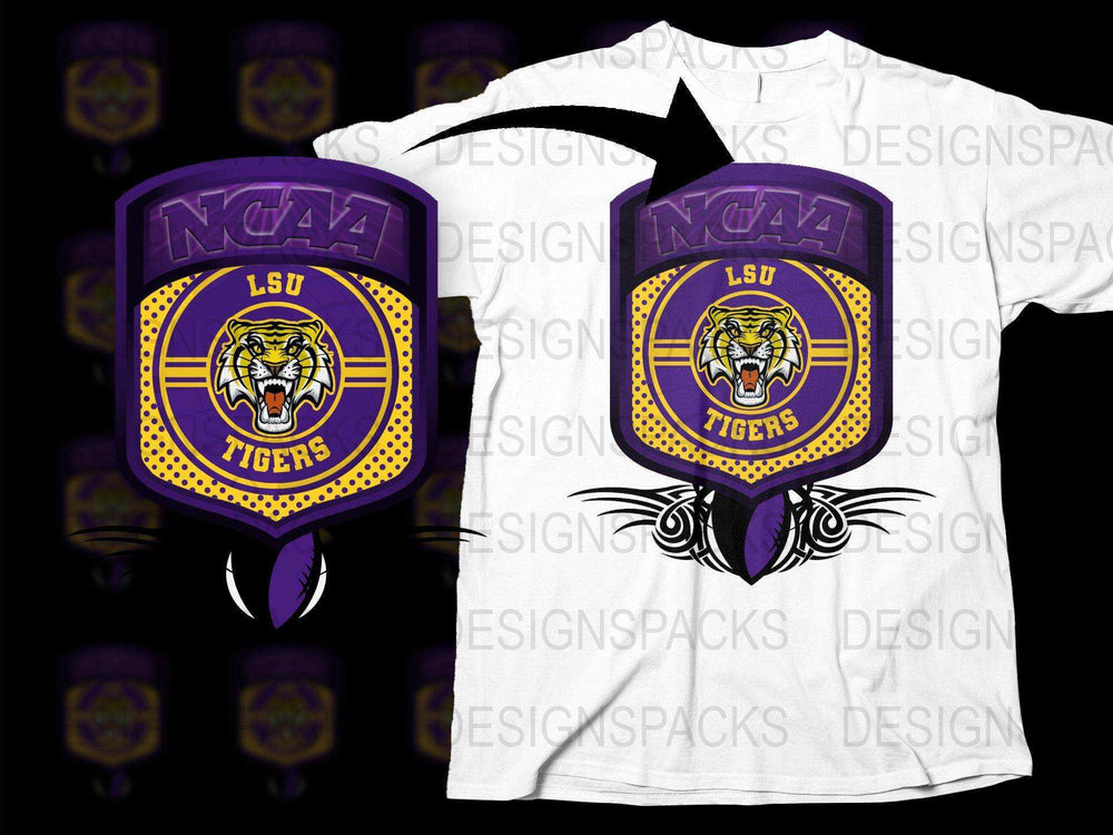 LSU Tigers NCAA Football Team Logo T-Shirt, Purple and Yellow Graphic Tee