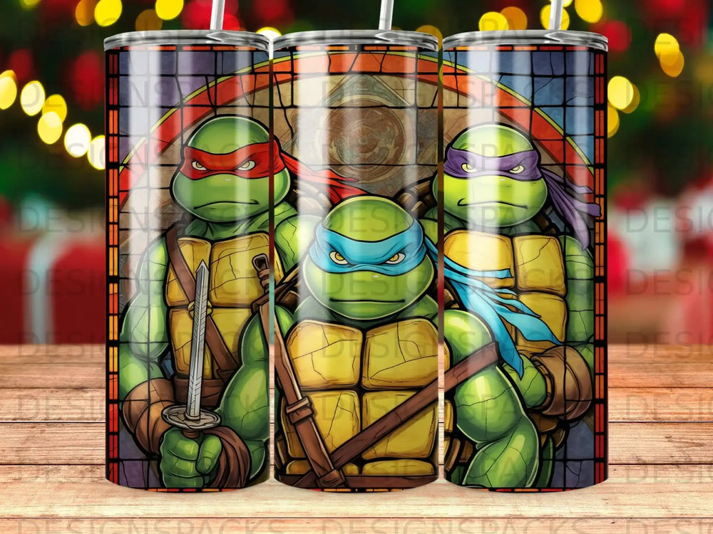 Teenage Mutant Ninja Turtles characters Michelangelo, Donatello, and Raphael in stained glass style.