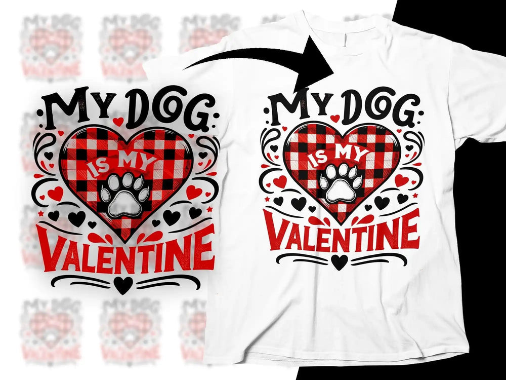 My Dog Is My Valentine t-shirt design with plaid heart and paw print, perfect for pet lovers