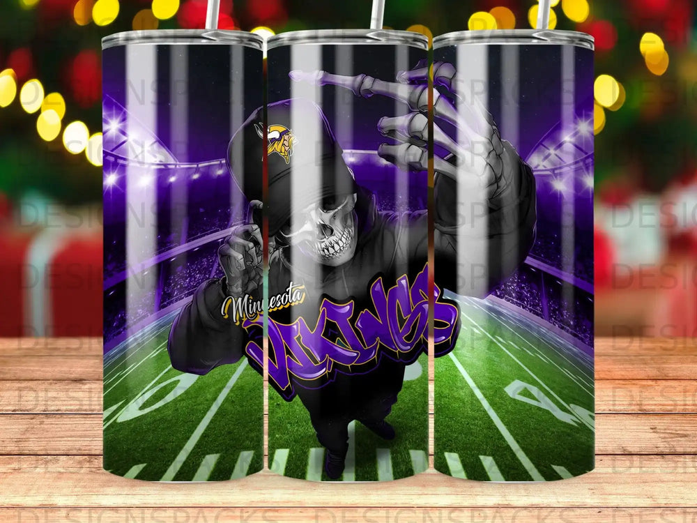 Minnesota Vikings skeleton in purple hoodie points finger over football field.