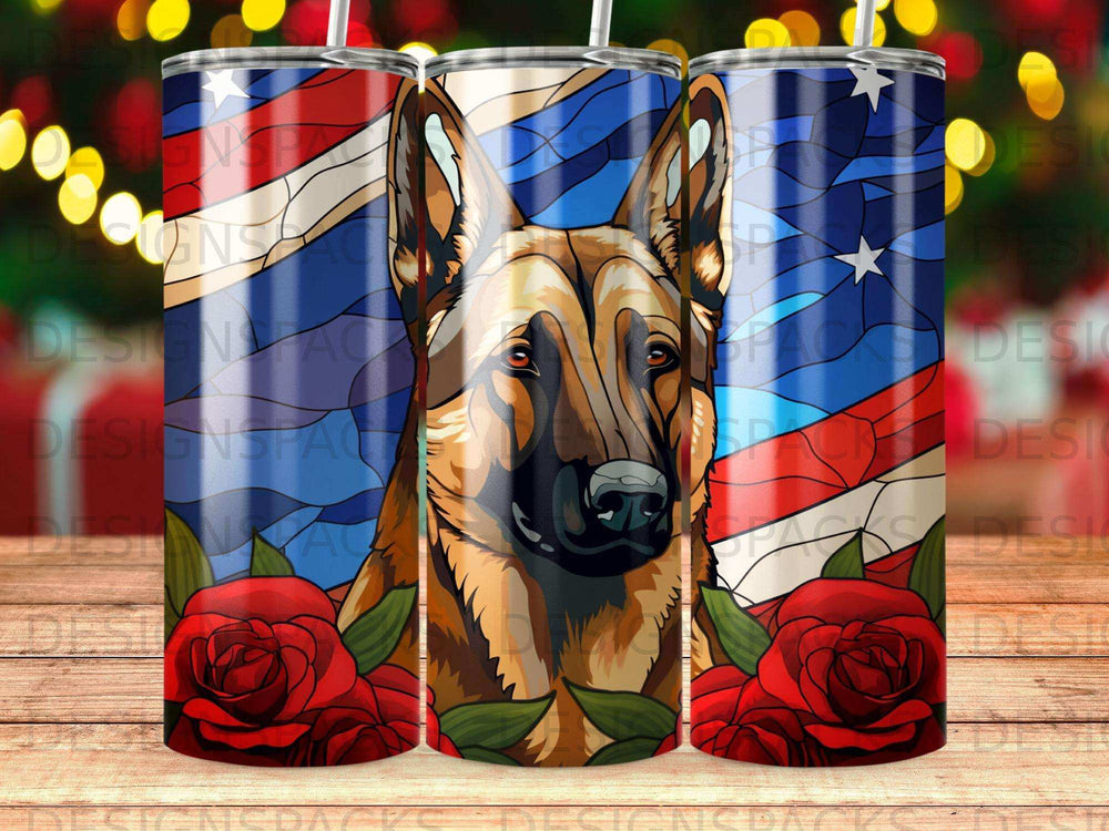 German Shepherd portrait with American flag and roses.