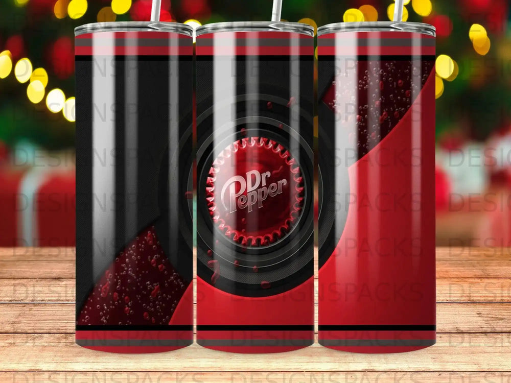 Dr. Pepper tumbler with red and black stripes, bubbles, and logo.