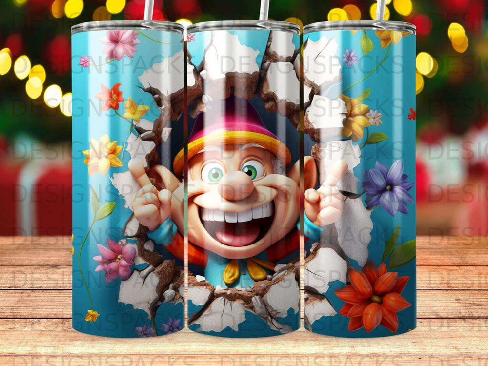 Cartoon elf with wide smile bursting through cracked wall, surrounded by flowers.