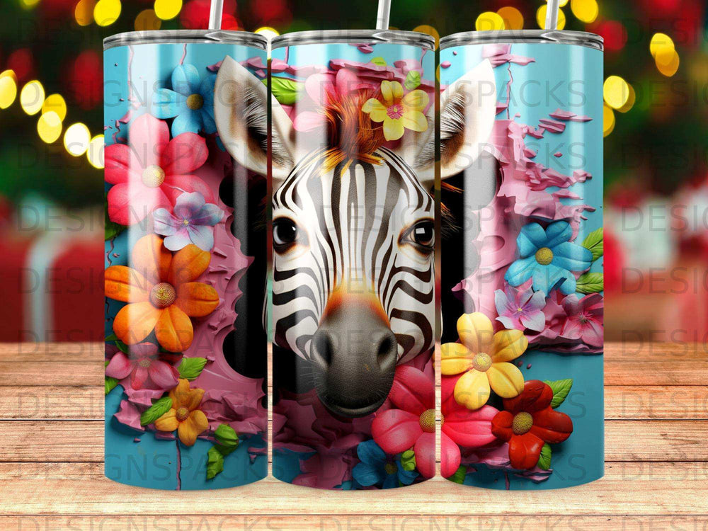 Zebra face with colorful flowers on a teal striped tumbler.