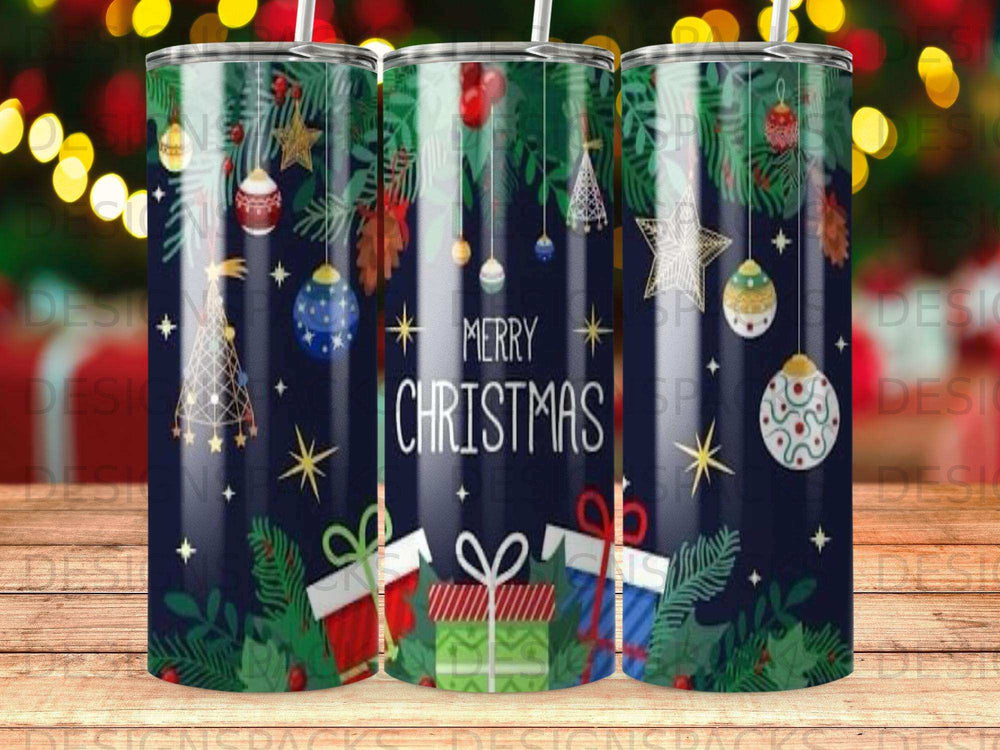 Dark navy Christmas tumbler with presents, ornaments, and stars.