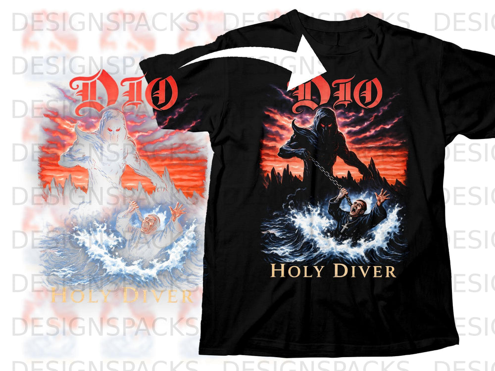 Black t-shirt with "Dio" logo and "Holy Diver" artwork featuring a hooded figure pulling a man from water.