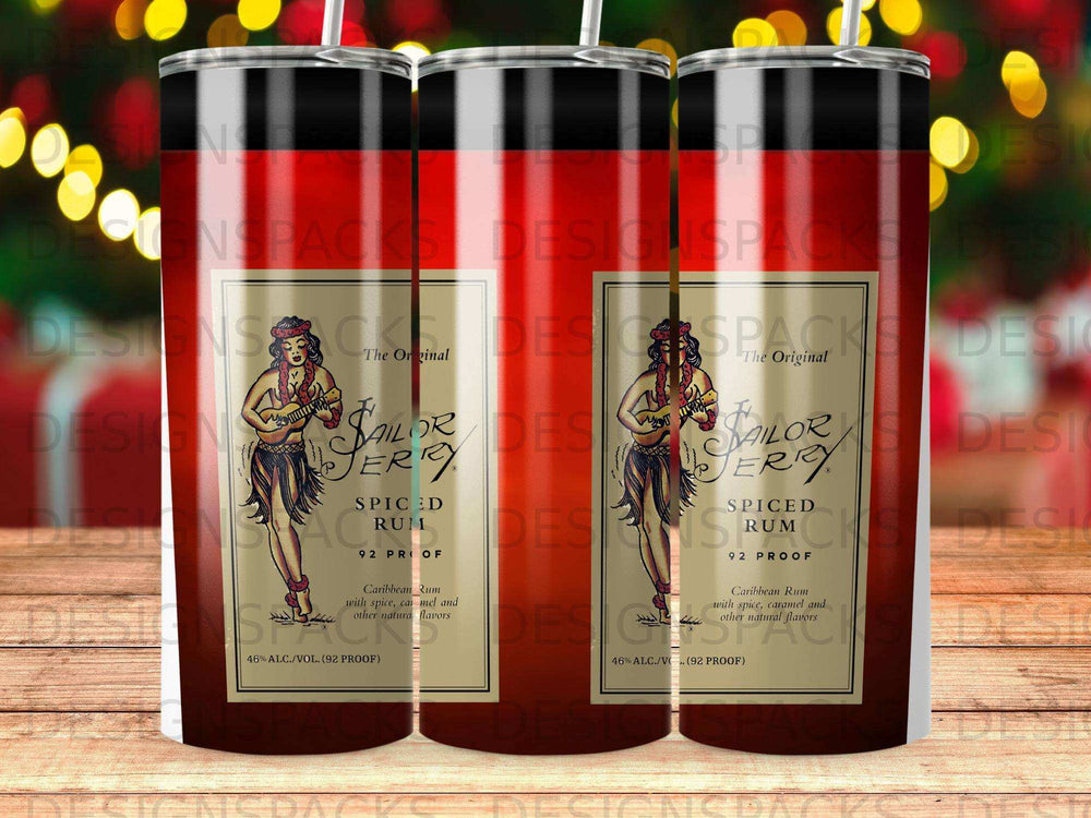 Sailor Jerry Spiced Rum tumbler with prominent label and bottle caps.