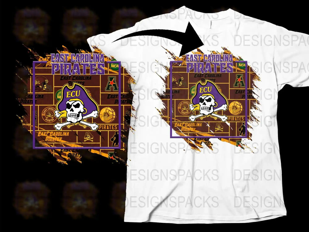 East Carolina Pirates T-Shirt, ECU Graphic Tee, College Sports Apparel, Vintage Style Black and White Shirt