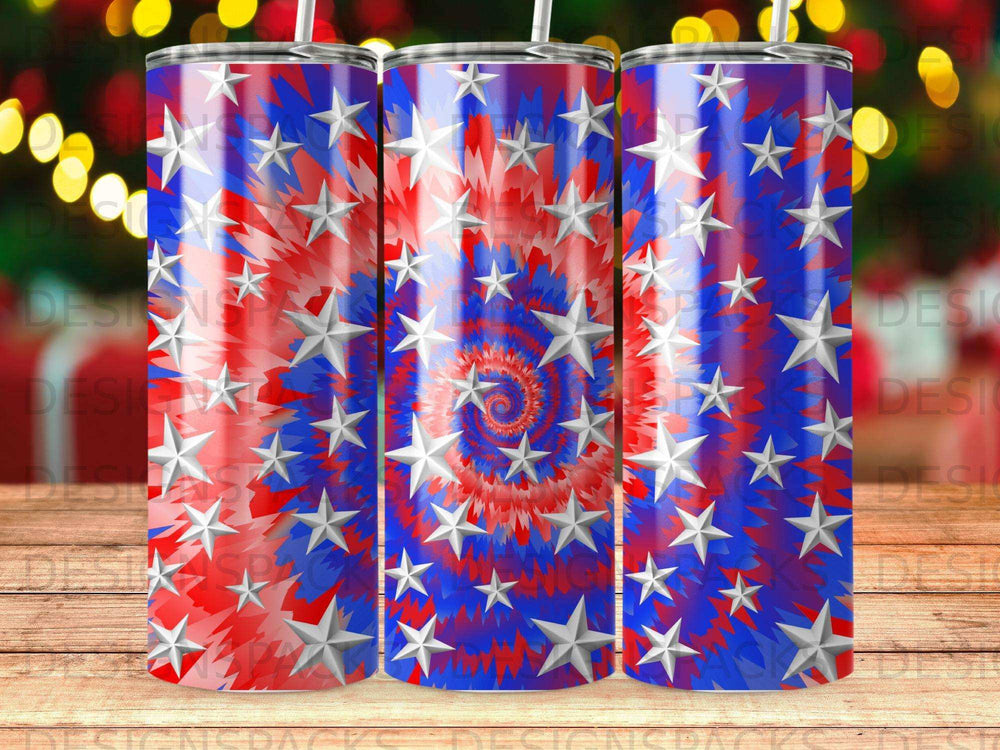 Red and blue tie-dye pattern with white stars on a tumbler.