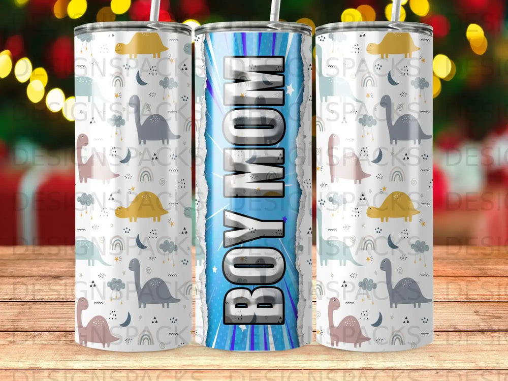 Tumbler with "BOY MOM" text and dinosaur pattern.