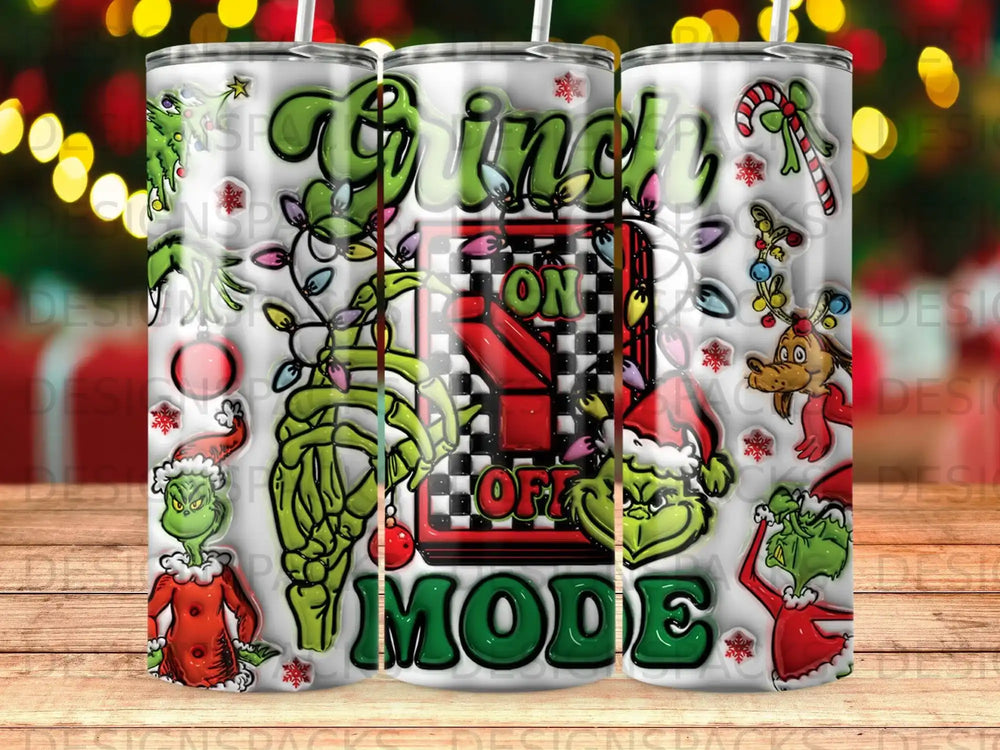Grinch "On Mode" tumbler with holiday lights and characters.