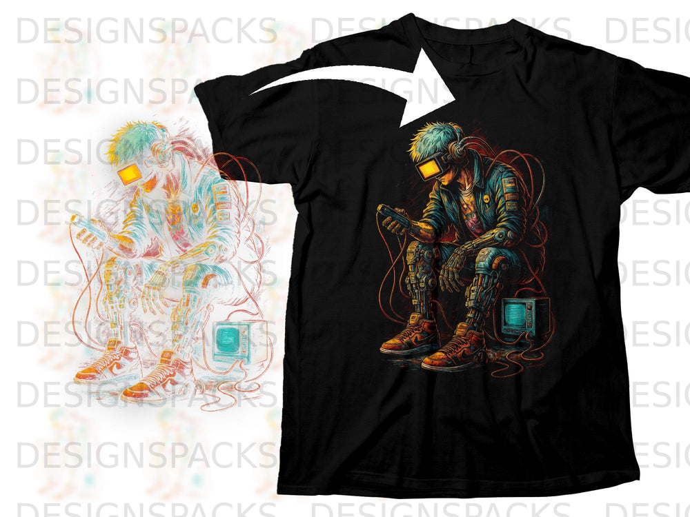 Black t-shirt with cyberpunk gamer graphic, featuring a person with VR headset and robot arm.