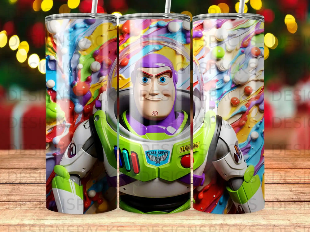 Buzz Lightyear character on a colorful, abstract background.