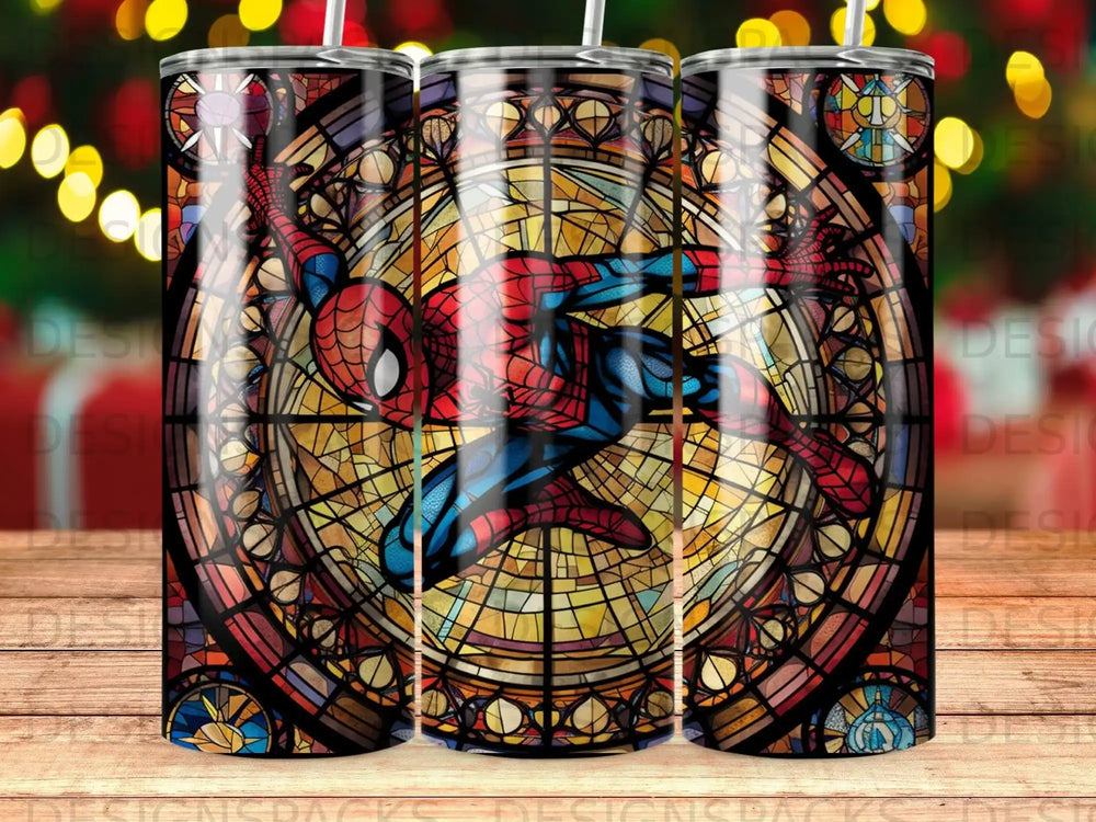 Stained glass Spider-Man in a circular mosaic design.