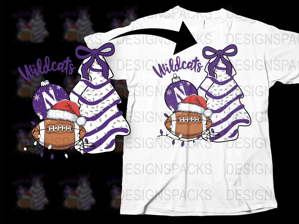Wildcats Football Santa Hat Christmas T-Shirt, Purple and White Team Spirit Tee, Festive Holiday Apparel for Sports Fans