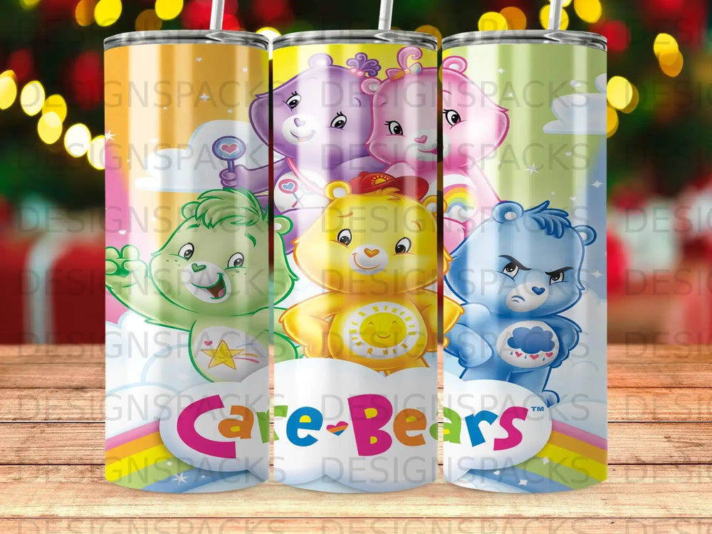 Care Bears tumblers with colorful backgrounds and character graphics.