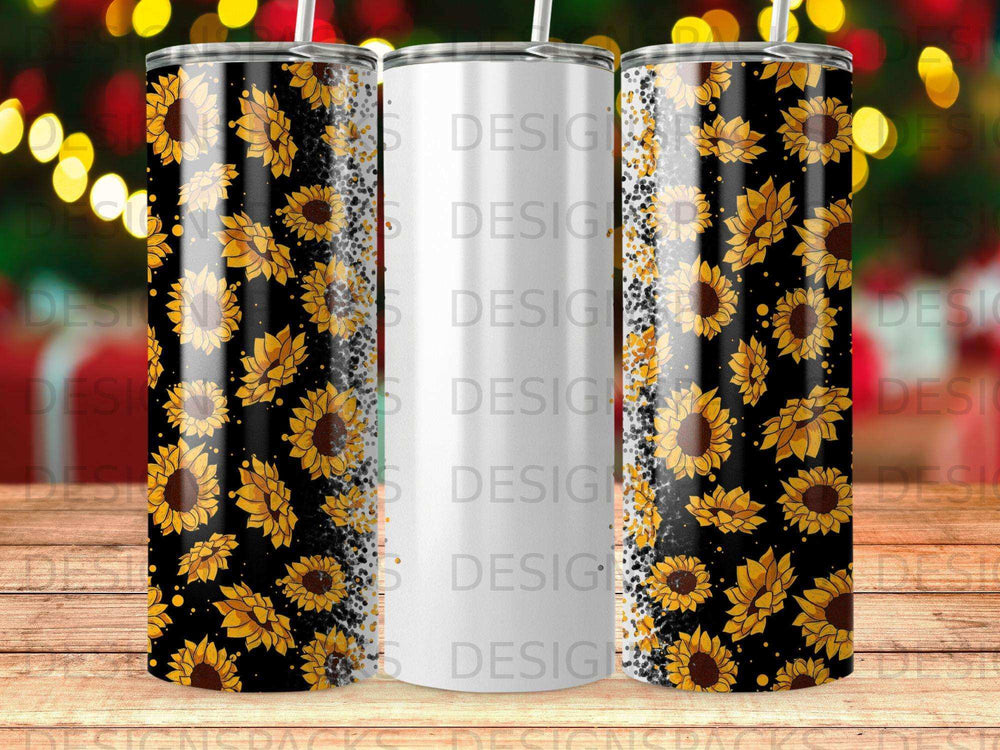 Three tumblers with a black background and a repeating sunflower and distressed white pattern.