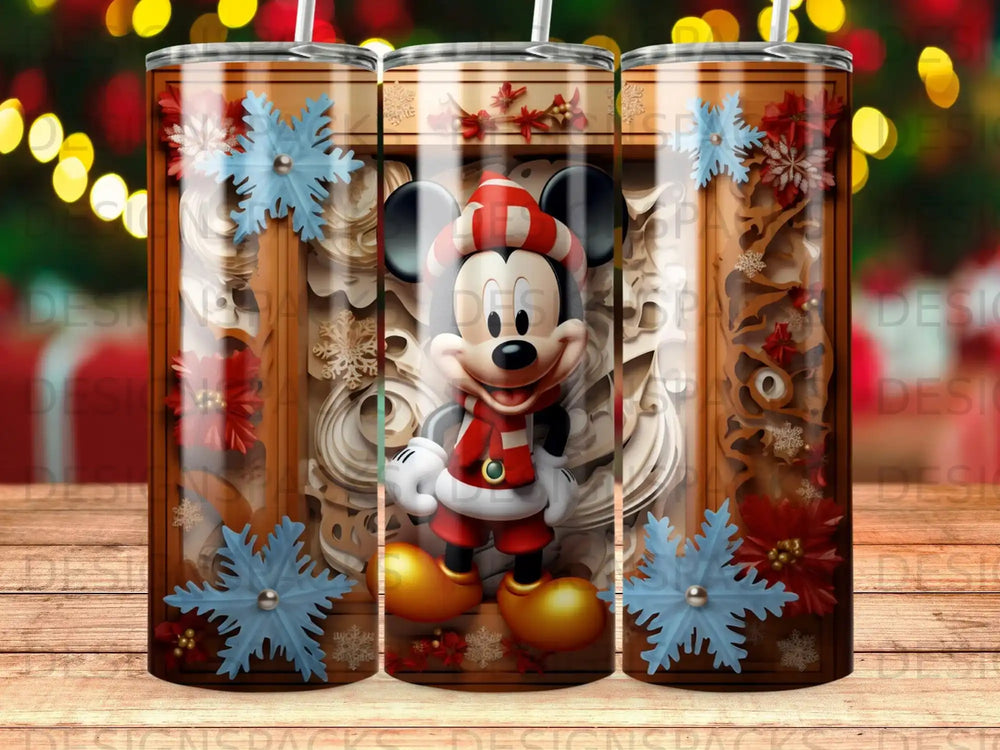 Mickey Mouse in a Santa hat and scarf with snowflakes and floral accents.