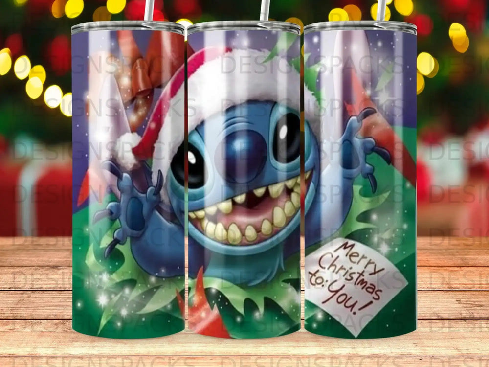 Stitch wearing a Santa hat, holding a "Merry Christmas to: You!" card.