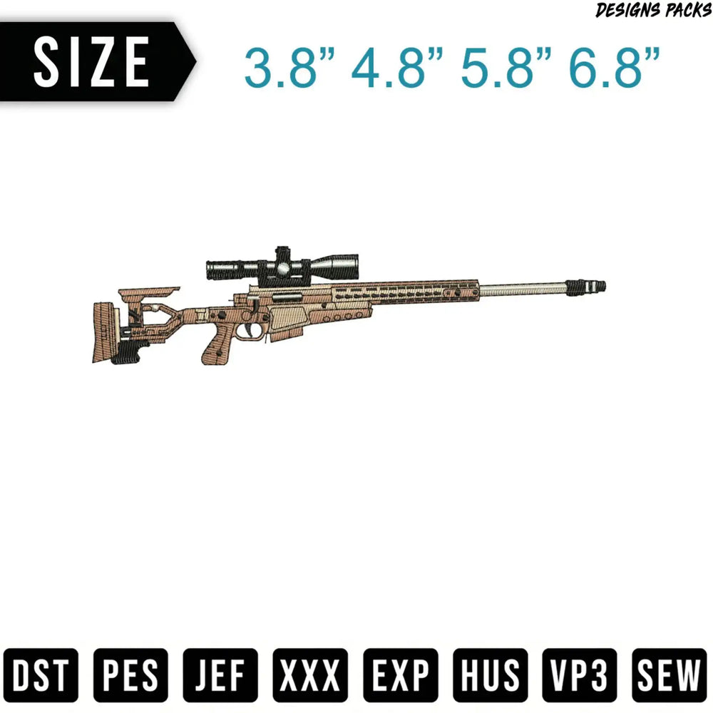 Tan sniper rifle with scope, above file format icons and size options.