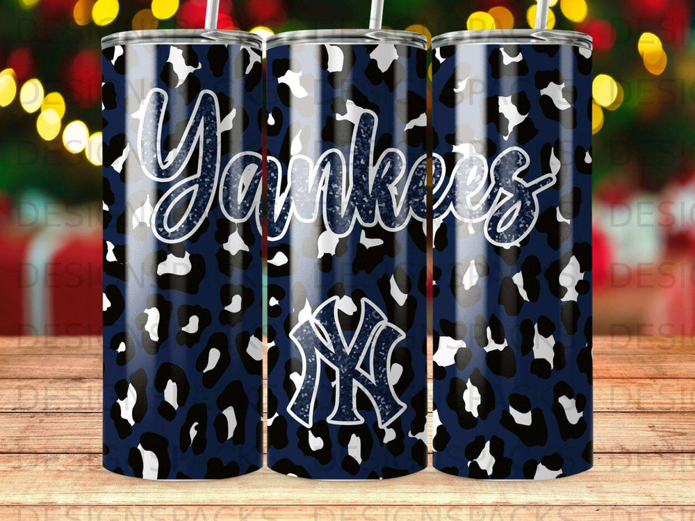 New York Yankees logo and name on a navy and black leopard print tumbler.