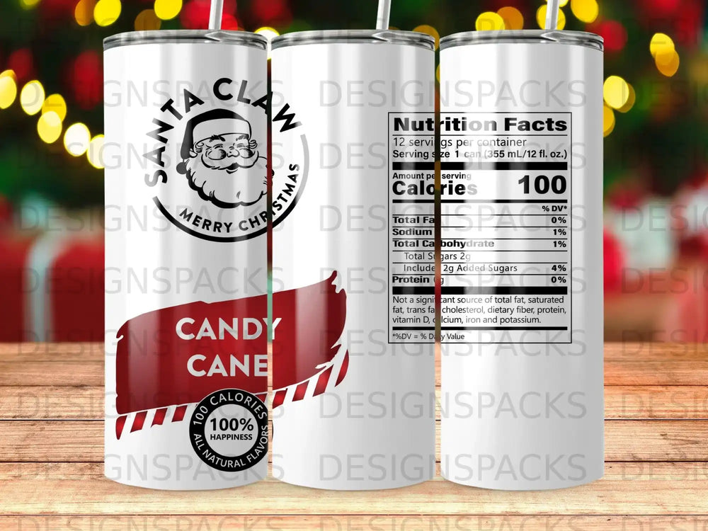 Santa Claus Merry Christmas design on a tumbler with nutrition facts.