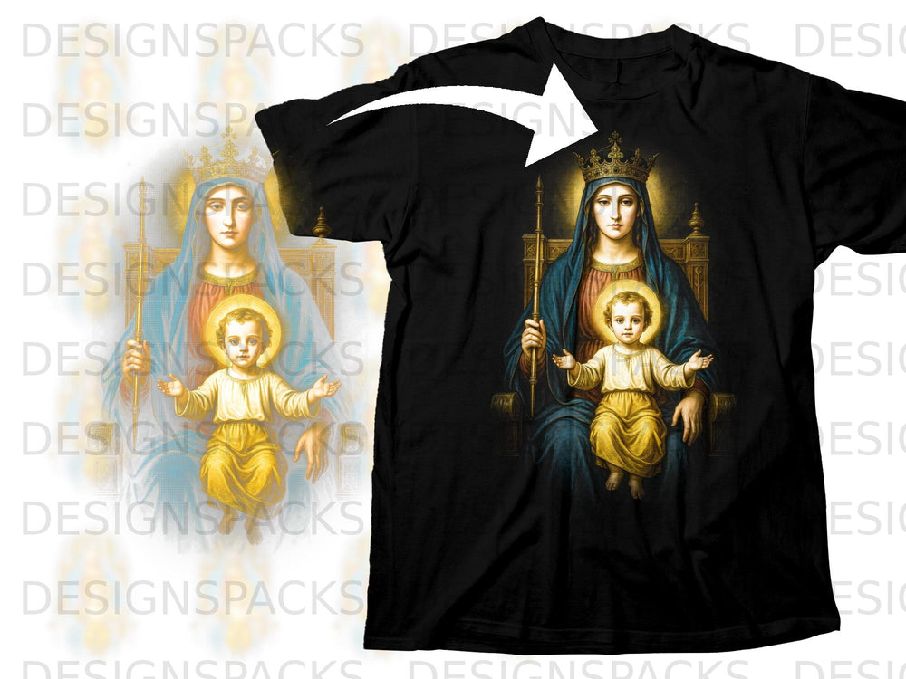 Black t-shirt featuring an illustration of Mary crowned, holding baby Jesus.