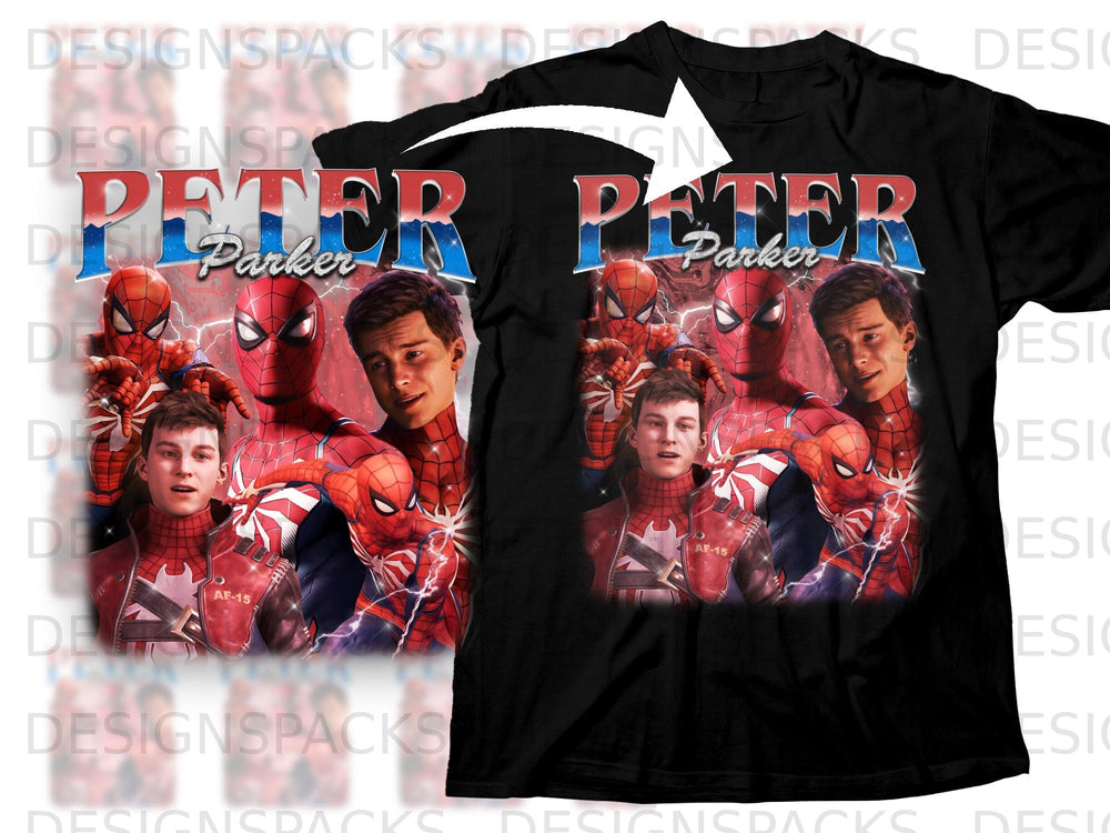 Black t-shirt featuring a graphic of Peter Parker and Spider-Man characters.